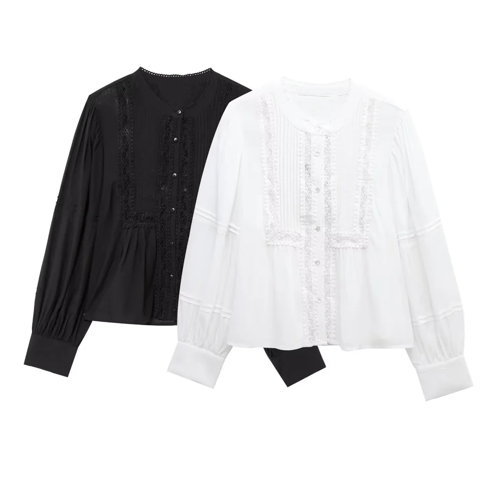 

UNIZERA women's lace pleated shirt top with round neck buckle decoration for spring and summer casual women's wear