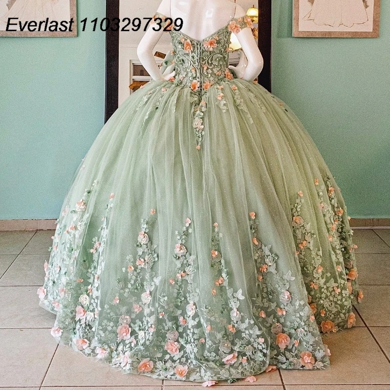 EVLAST Personalizado Sage Verde Quinceanera Vestido de Baile Rosa 3D Flores Applique Frisado Doce 16 Vestidos De 15 Años TQD860