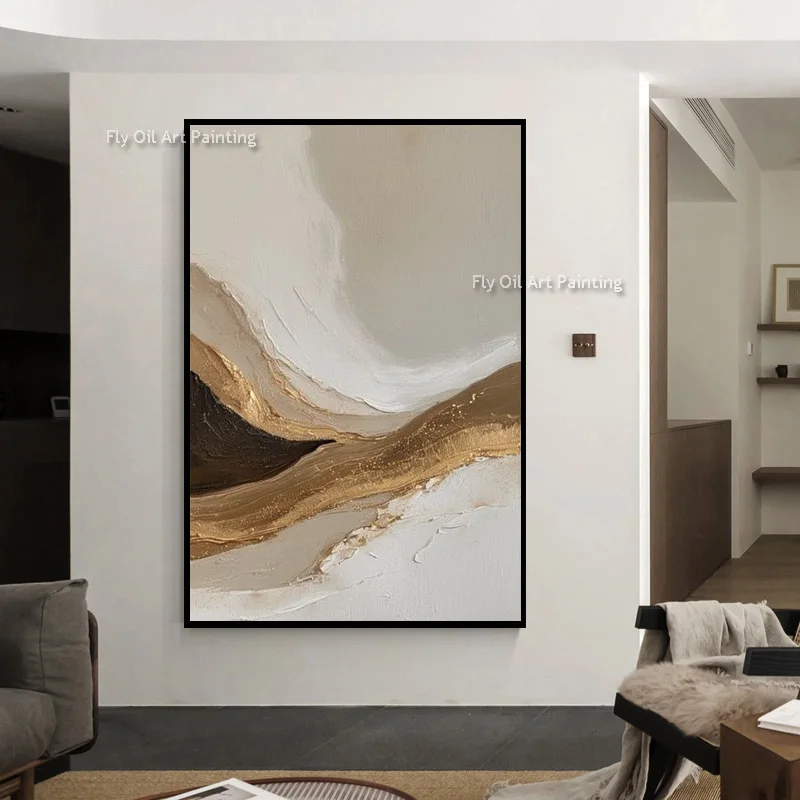 Neutral Golden Impasto Canvas Wall Art Abstract Layer Oil Painting Minimal Luxury Wall Art Decor For Living Hall