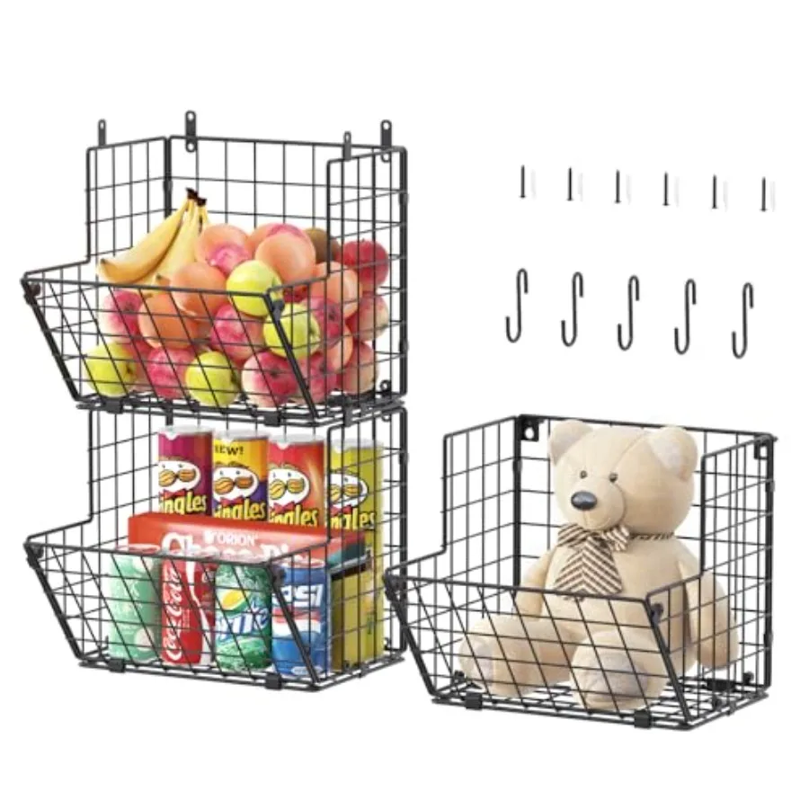 

3Tier WallMounted Metal Wire Basket Storage Organizer with 5 SHooks for Kitchen Fruits and Vegetables Toys and Household Items