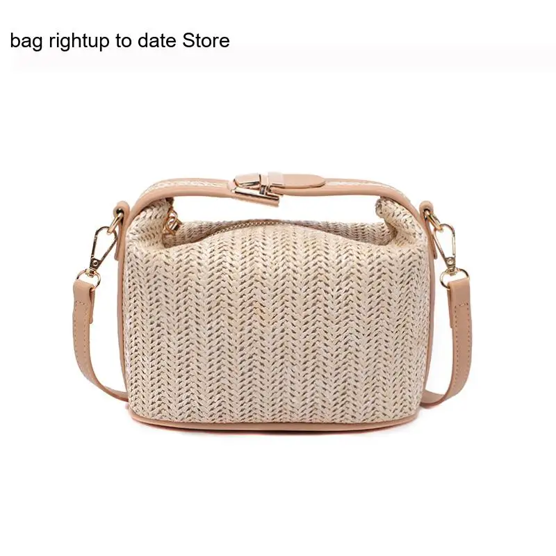 Summer Casual Beach Travel Pu Leather Straw Woven Splicing Handbag Crossbody Shoulder Bag