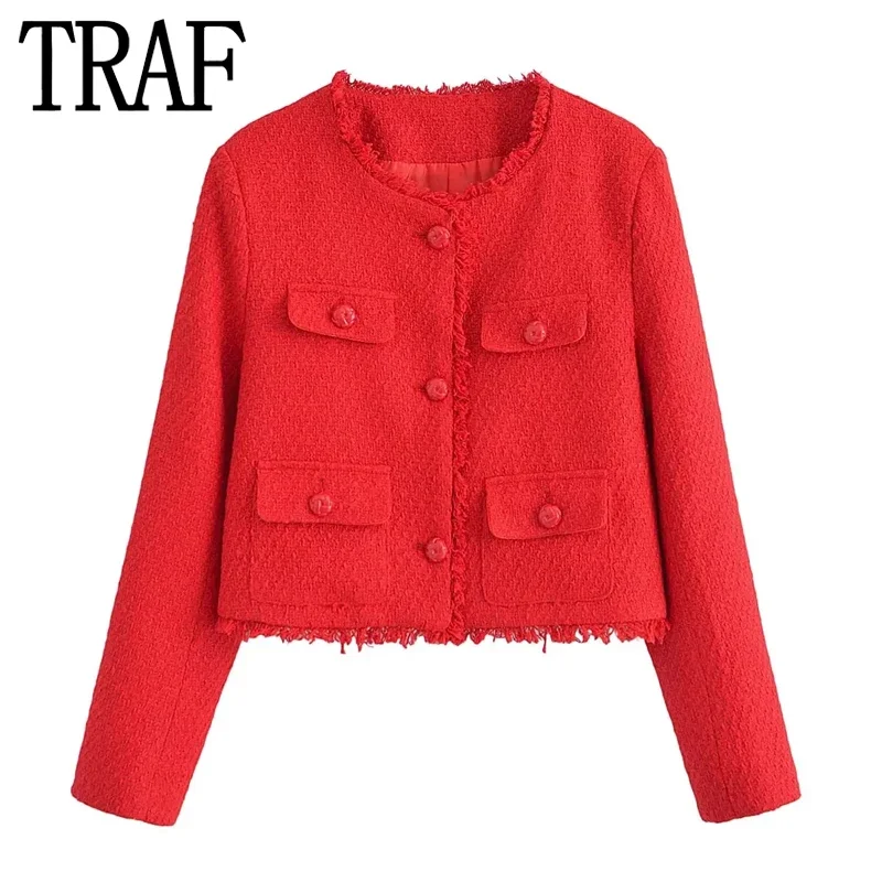 TRAF 2024 Red Crop Jacket For Women Texture Cropped Tweed Jacket Woman Long Sleeve Elegant Womens Jackets Autumn Short Coats