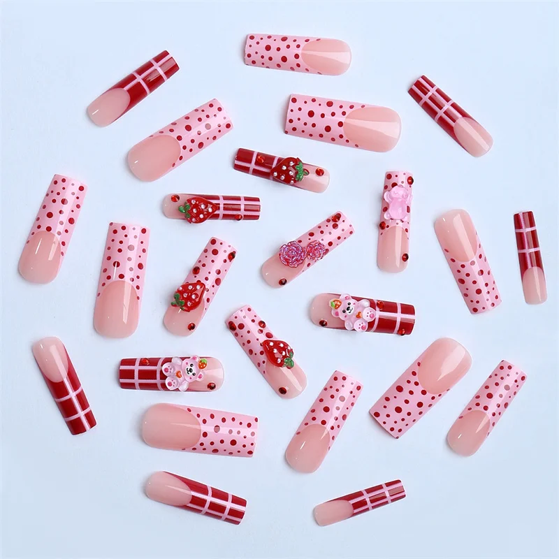 Handmade French False Press On Nails Full Cover strawberry Manicuree Decoration Wearable Cute bear Artificial Nails