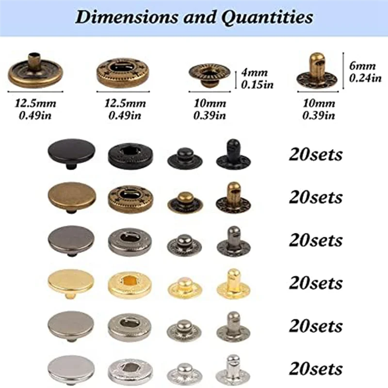 

Самый комплект кожаных застежек, 120 комплектов металлических застежек-кнопков с 6-инструментами для установки, для браслетов с одежды