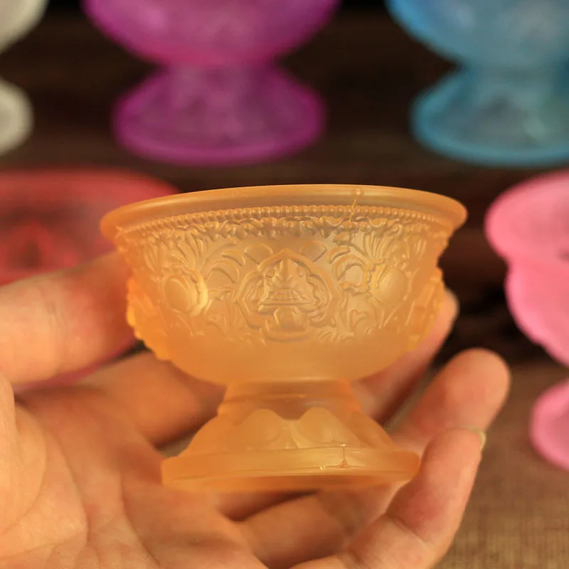 2026 Seven Pieces Colorful Glass Water Offering Bowl Set Carved Eight Buddhist Emblems Buddha Hall Worship Holy Water Cup