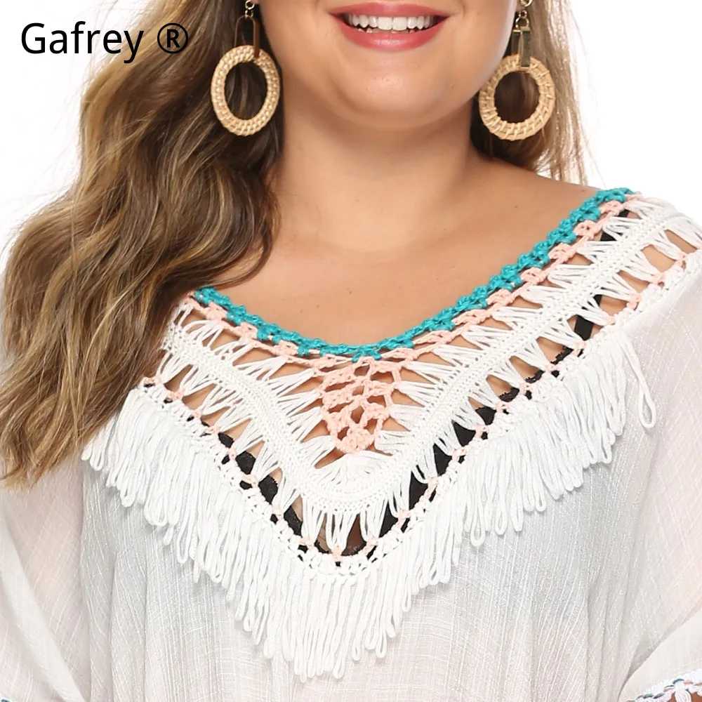 Plus Size 3XL 2XL XL Bohemian Crochet Beach Dress 2026 New Colorful Fringe Patchwork Deep V-Neck Backless Loose Cover Up Women view 4