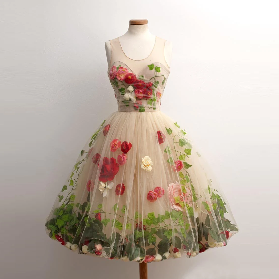 Dreamlike Floral Dress Extra Puffy Mid Calf Champagne Prom Dresses for Girls Party Dress Layered Flowers Custom Made