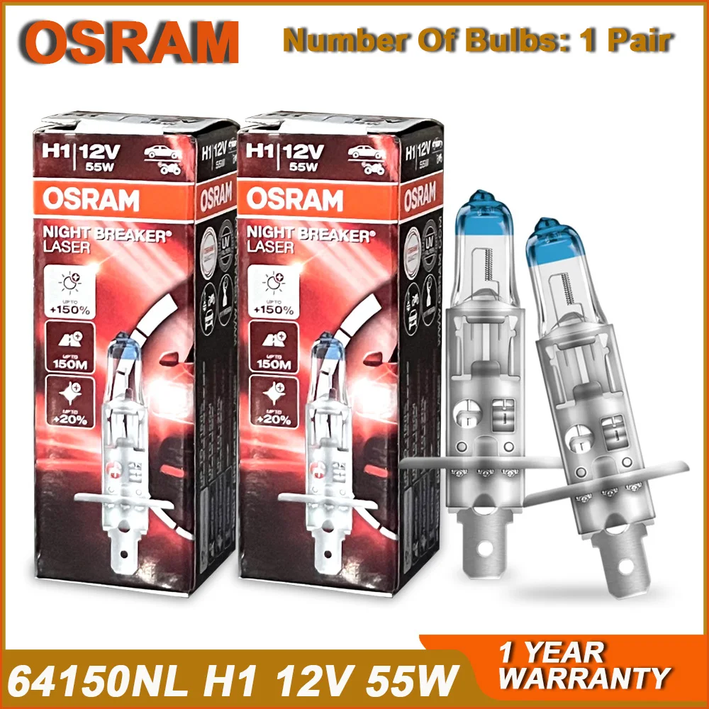 OSRAM Night Breaker Laser H1 H3 64150NL 64151NL Headlight 12V 55W 3700K Powerful Fog Light +150% Bright Auto Halogen Bulb (Pair)