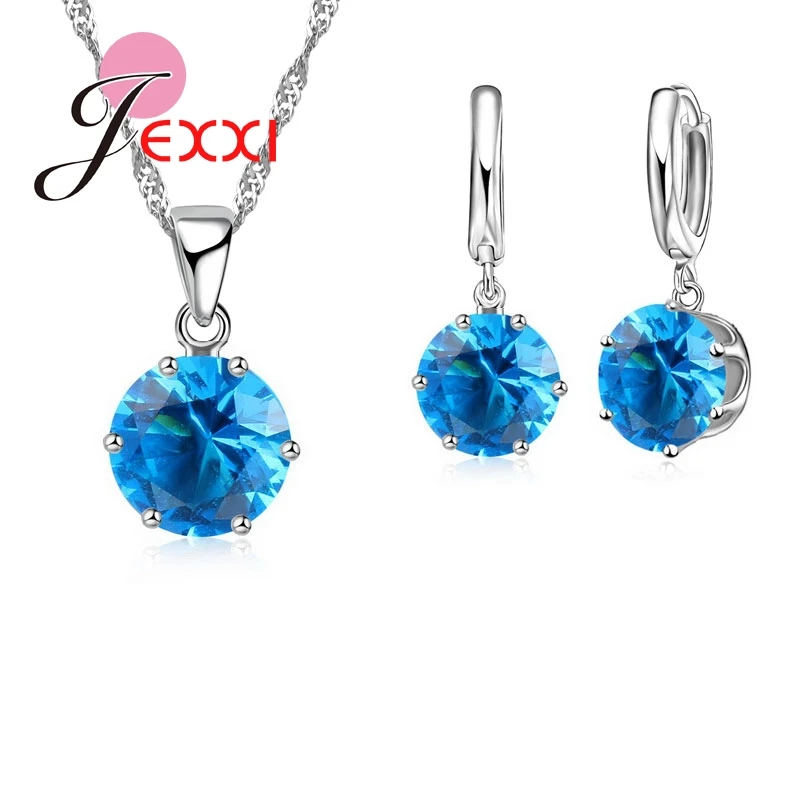 Top CZ Jewelry Sets Silver Necklace Earrings Cubic Zirconia Crystal Round Drop El Collar Lady Best Gift