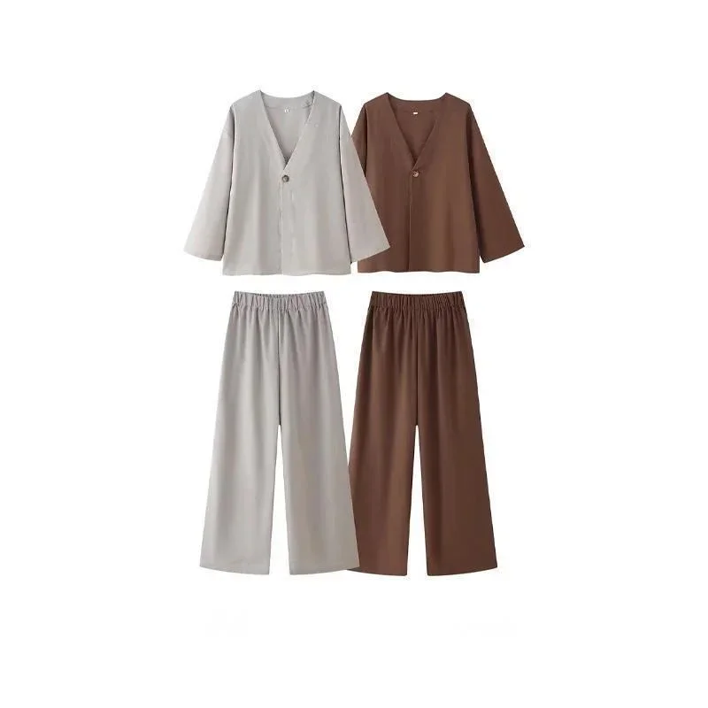 

Fashion Half Bubble Sleeve V-neck One Button Shirt Sets Loose Cotton Linen High Waist Wide Leg Pant New Female Solid Casual Set