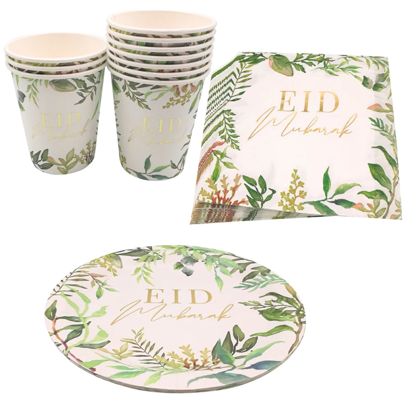1 beutel Blätter Eid Al-Adha Eid Mubarak Pappbecher Teller Serviette Ramadan Mubarak kareem Muslim Islamischen DIY Party Dekoration