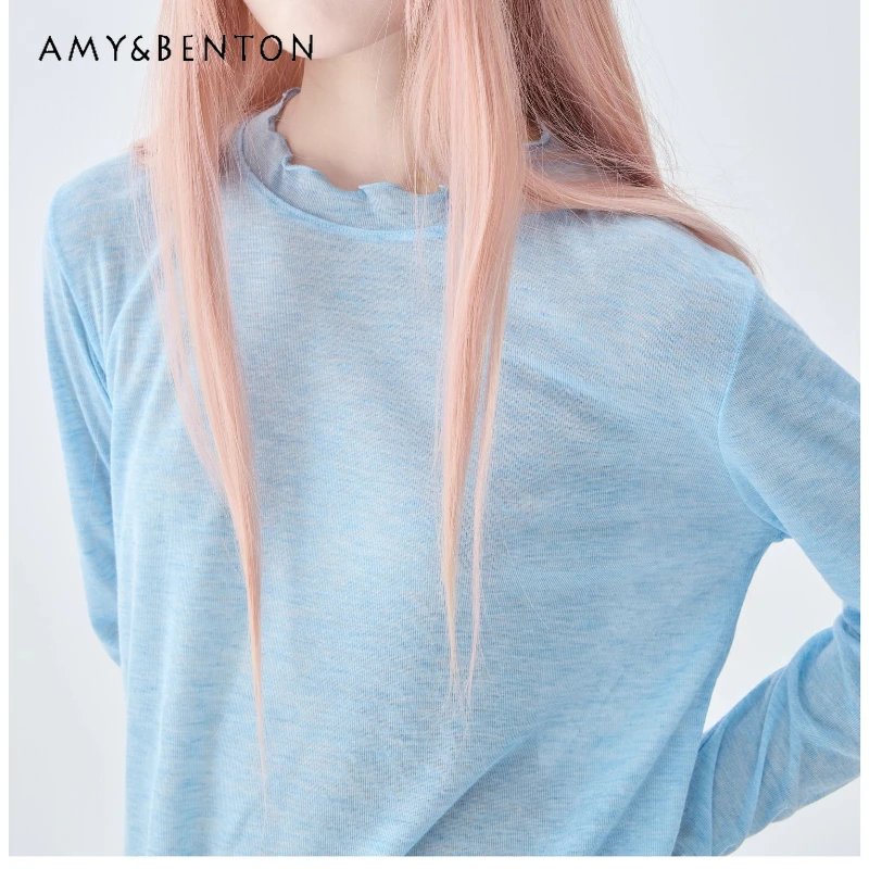 

Autumn New College Blue Lace Collar Long Sleeve Women's Bottoming Shirt Original Design Retro Versatile Slimming T-Shirt Ladies