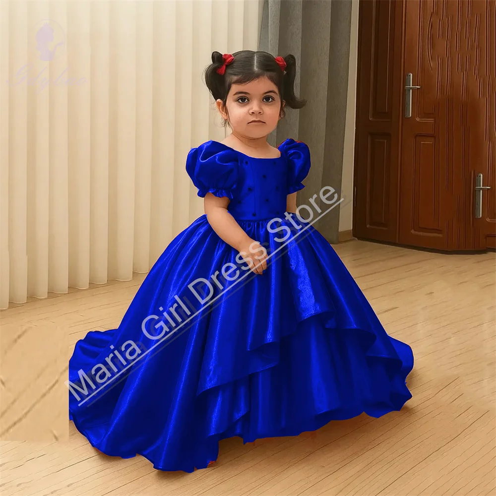 Royal Blue Satin Cute Girl Birthday Dress Suitable For Weddings Puffy Short Sleeves Beauty Pageant Host Event Dress