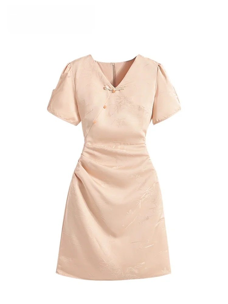 

New Chinese Style Short Sleeve Dress Women Summer plus Size Elegant Ageless National Style Skirt High Waist A-Line Dress