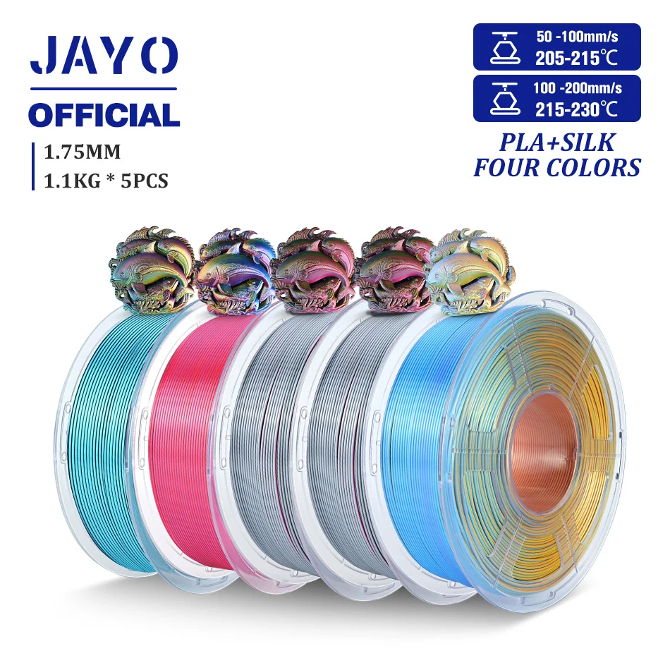 JAYO Zijde PLA + 3D Printer Filament 1.75mm Viervoudige Kleur 5 Rolls Zijde PLA 3D Printer Filament Glanzende Sillk Effect Filament