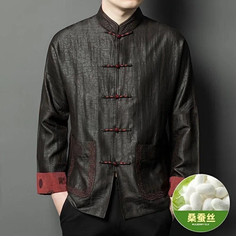 

Chinese Cracked Top Xiangyunsha Silk Chinese Tang Suit Mulberry Silk Retro Stand Collar Long Sleeve Men's Jacket Men's Shirts