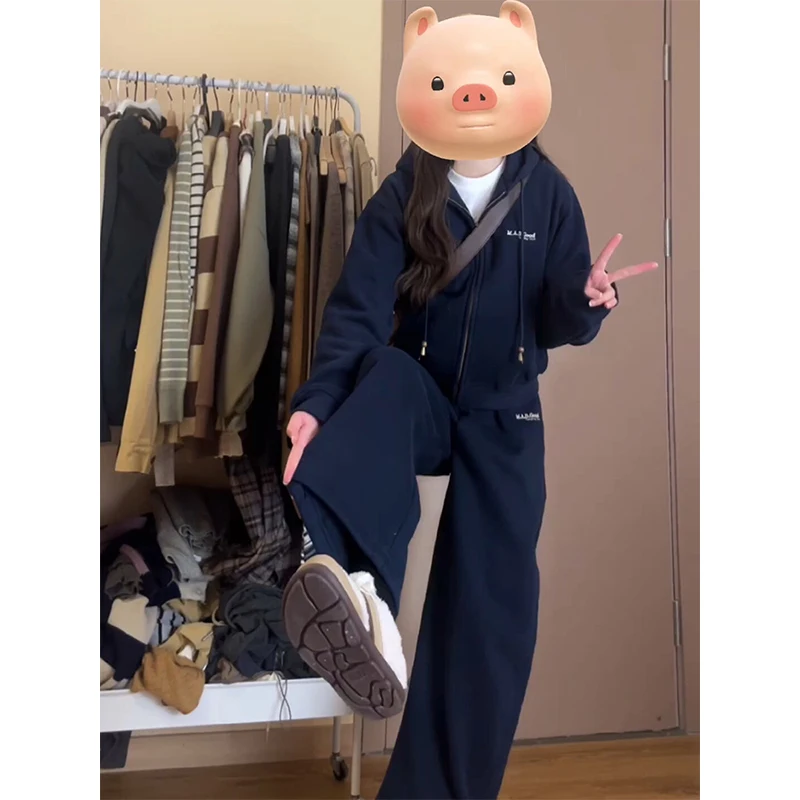 

Retro Academic Style Women's Sportswear Set Casual Loose Slimming Fashionable Sweatshirt Two-Piece Cotton Suit for Autumn