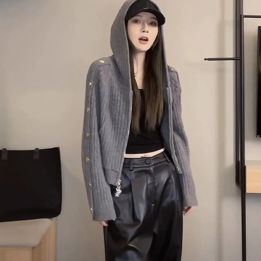 Dubbele Rits Korte Gebreide Vest Met Capuchon Voor Vrouwen Nieuwe Losse Knop Ontwerp Luie Stijl Mode Grijze Trui Jas Top