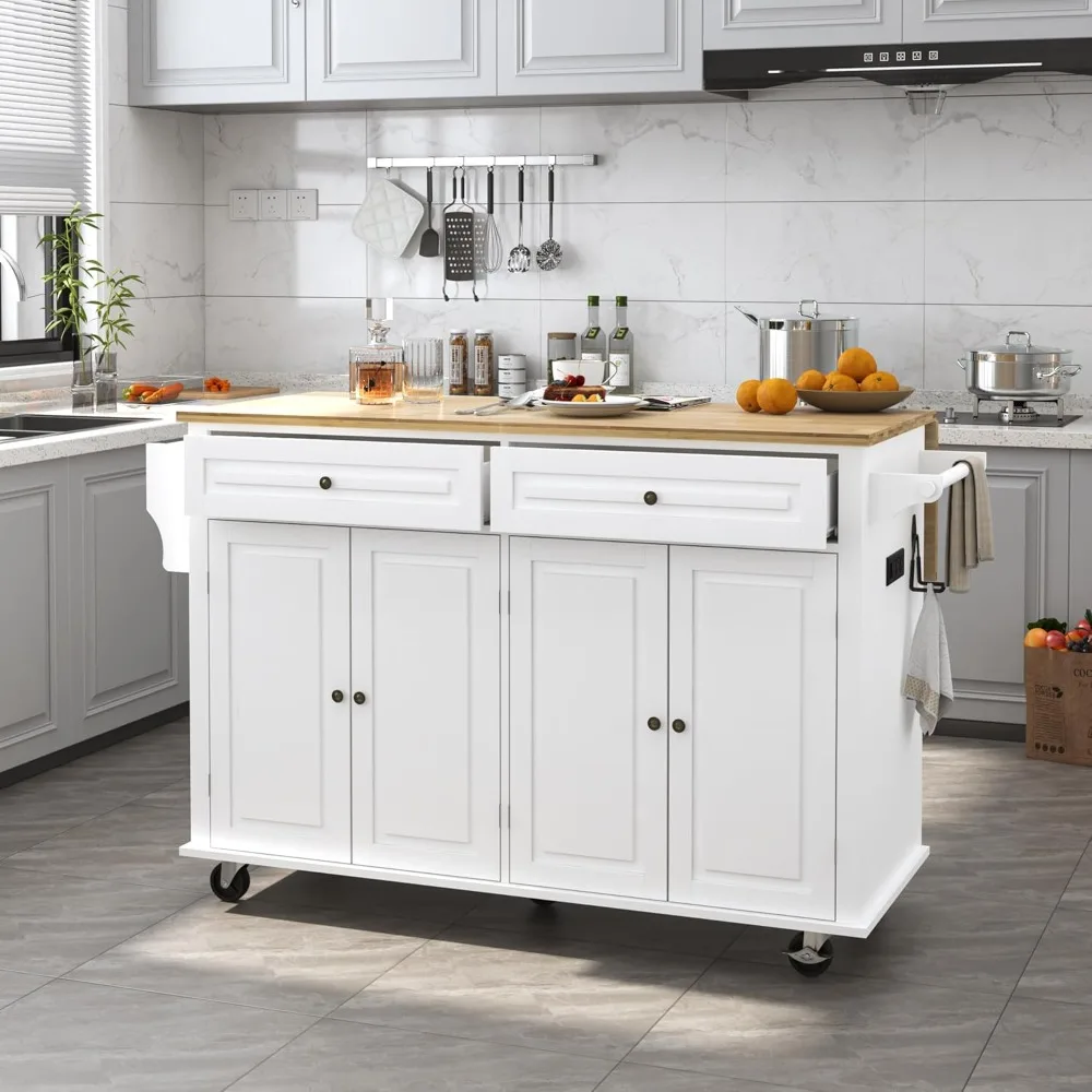 

"59 Inch Rolling Kitchen Island with Wooden Top and Drop Leaf Breakfast Bar, Mobile Table with Drawer Storage on Wheels"