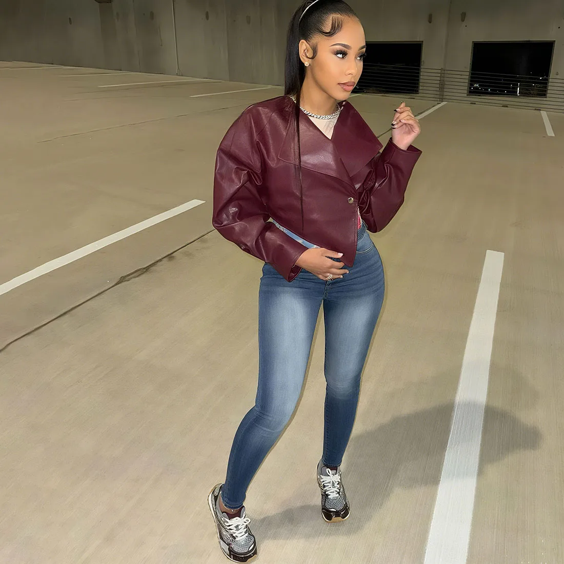 Herbst frauen PU Leder Jacken Fashion Solid Revers Volle Hülse Dünne Unregelmäßige Crop Mäntel Oberbekleidung Y2K Streetwear