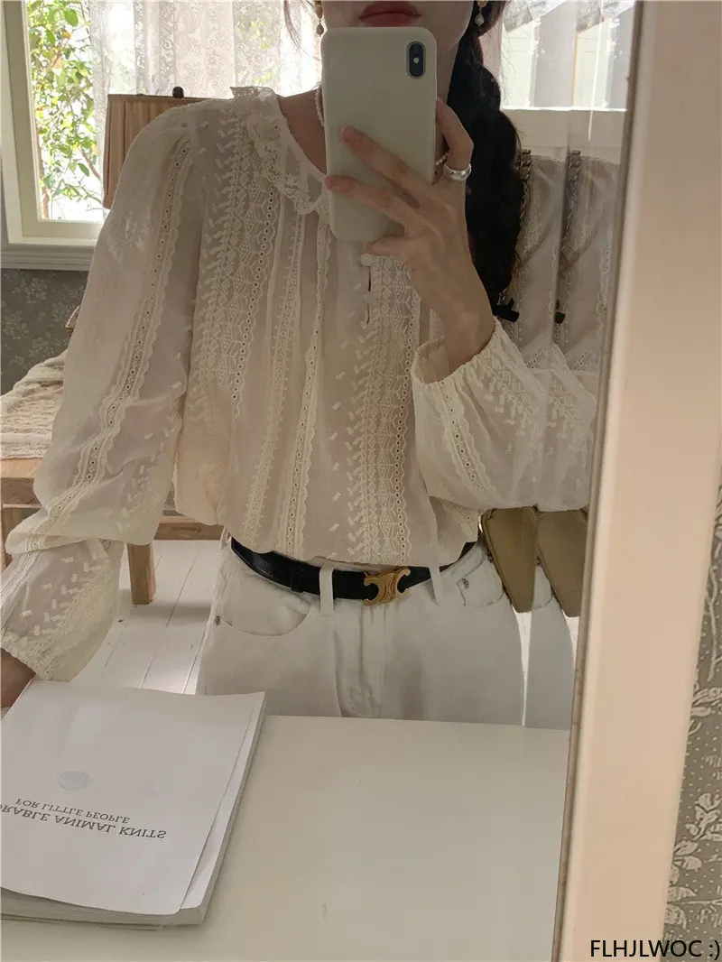 2023 Spring Basic Shirts Long Sleeve Cute Design Korea Japan Style Peter Pan Collar Retro Vintage Embroidery Women Chic Lace Top