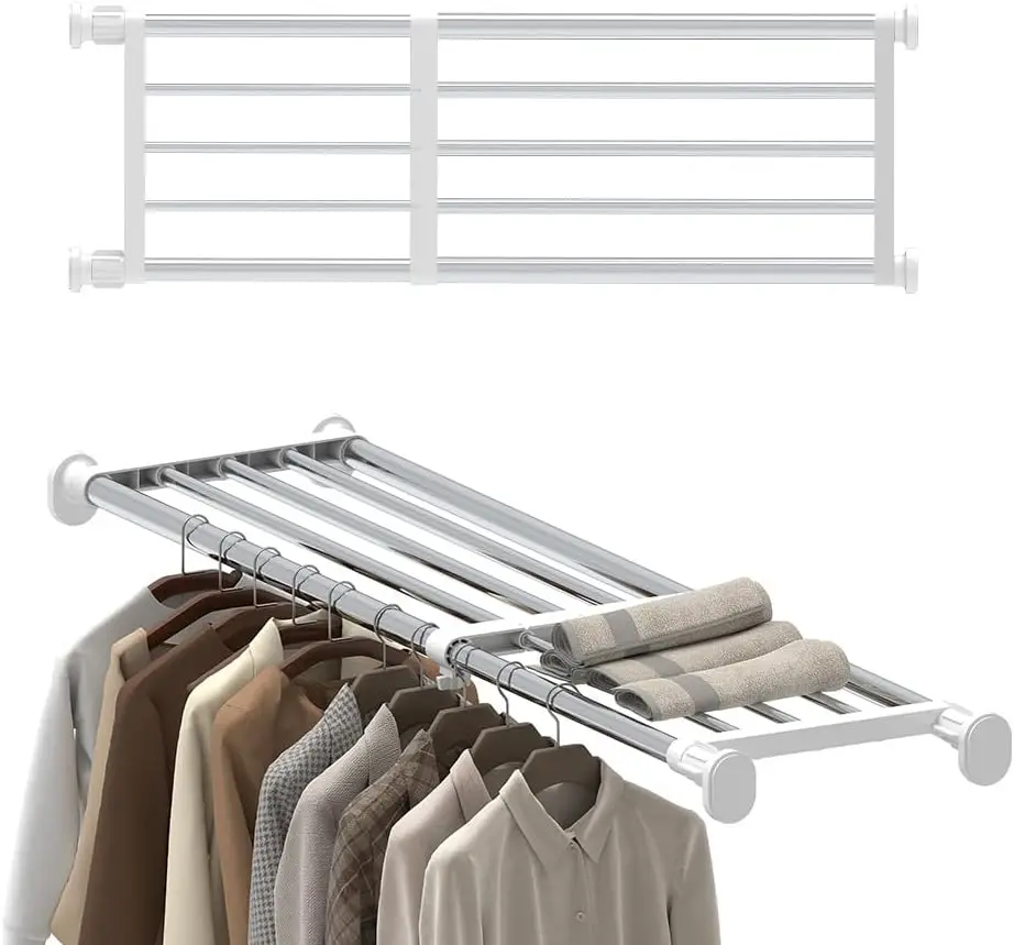 

Tension Shelf Expandable Rod Closet System Heavy Duty Clothes Hanger Adjustable DIY Storage Organizer Shoe Rack
