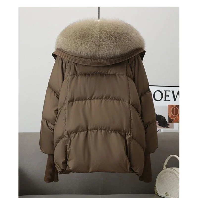 Winter New Fur Collar Puffer Down Parka Loose Down Warmer Thicken Snow Jacket Pocket Zipper Faux Fur Outerwear Female L32