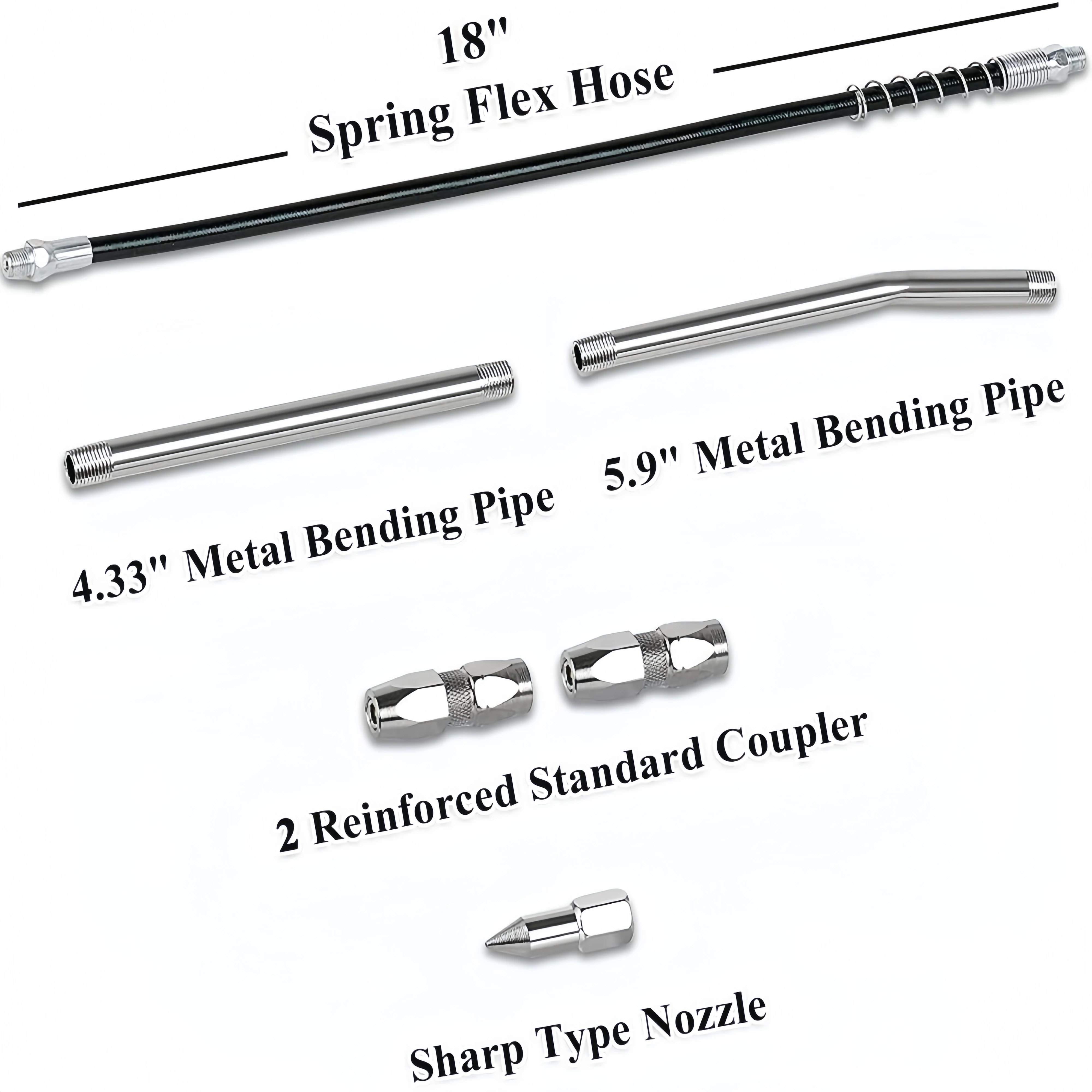 Grease Gun 7000 PSI Pistol Grip 14oz Load 18Inch Spring Flex Hose 2Grease Couplers 2Extension Rigid Pipes and 1Sharp Type Nozzle