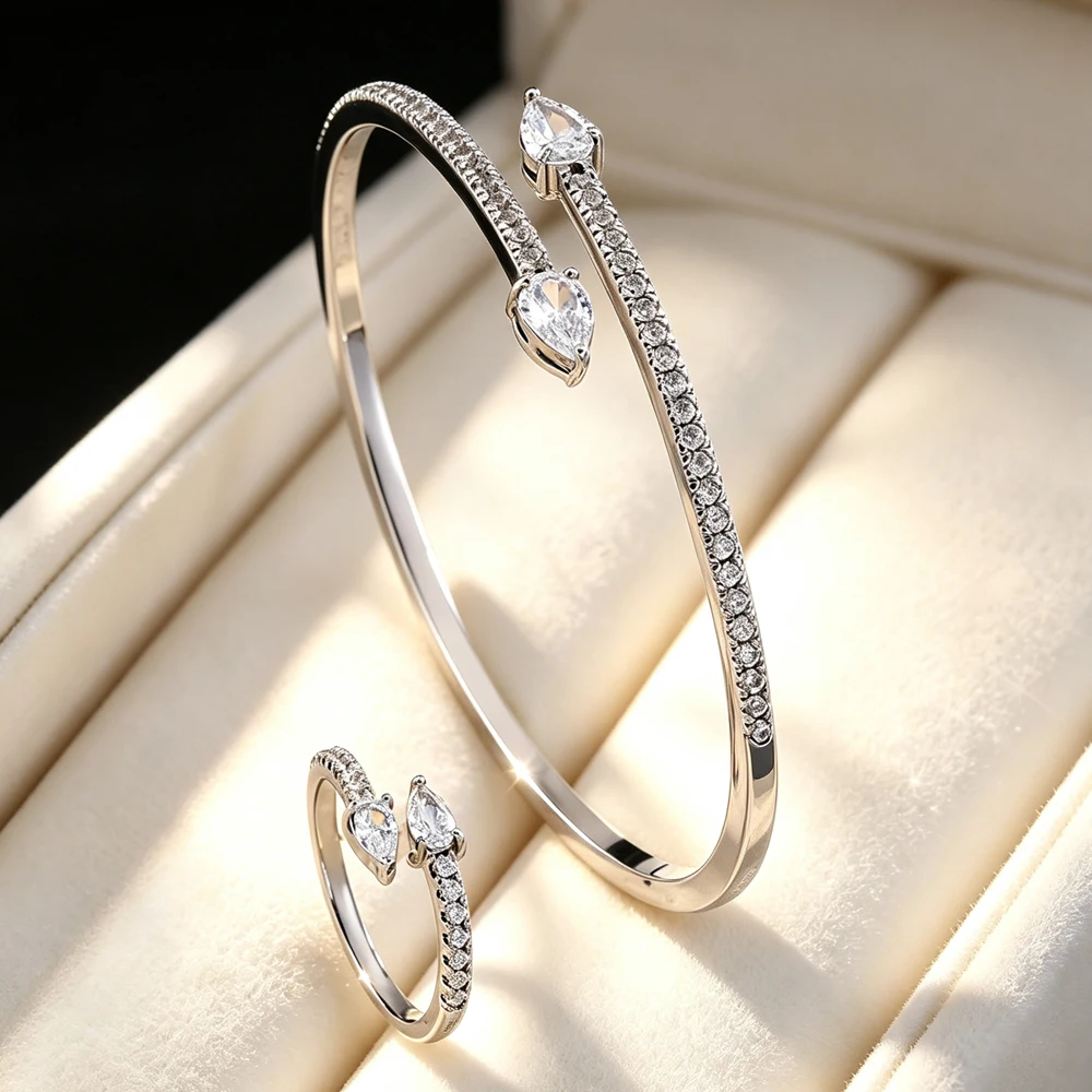 ZAKOL Silber-Gold-Farbenes Kupfer-Zirkonia-Offenes Armband-Ring-Hochzeitsschmuck-Set für Damen, Wassertropfen-CZ-Armreif-Set, Party-Geschenk – Detail 2