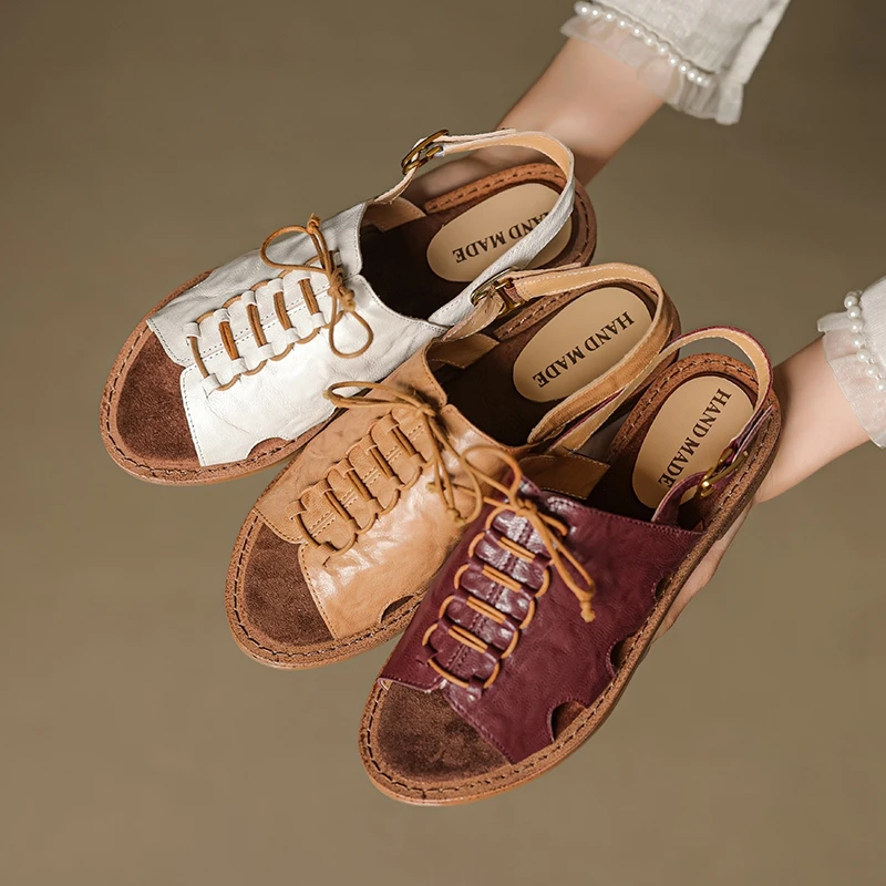 

Women's new summer leather sheepskin elastic lace up low heel exposed toe retro fish mouth shoes butterfly bow fashion sandals