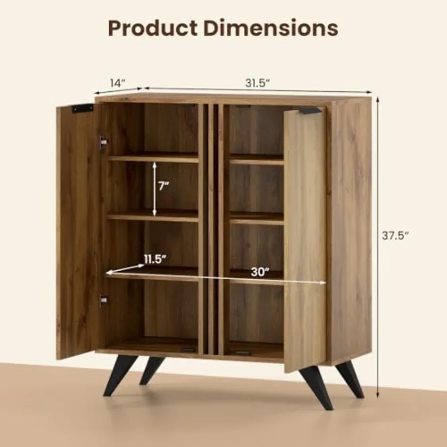 4-Tier Wooden Shoe Cabinet for Entryway with 2 Doors: Natural Wood Finish, Space-Saving Design, Soft-Close Doors, Rustic Charm