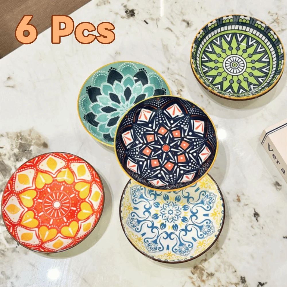 6 Piece 5 in Bohemian Style Ceramic Plates Set Vintage Heat-resistant Appetizer Plates Under-glaze Painting Smooth Surface