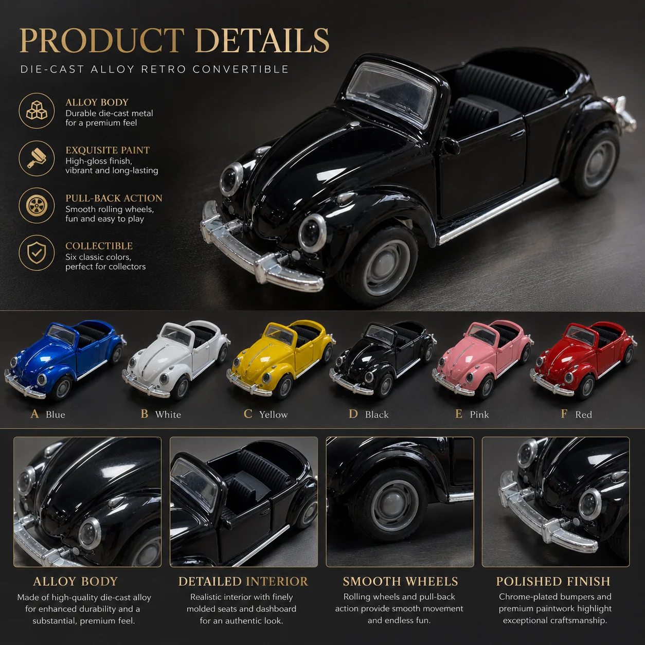 1 Stück, im Beutel verpacktes, klassisches, im Vintage-Stil gehaltenes, aus Zinklegierung gefertigtes Automodell, Retro-Roadster, mit Rückziehfunktion, aufklappbare Seitentüren. – Detail 5