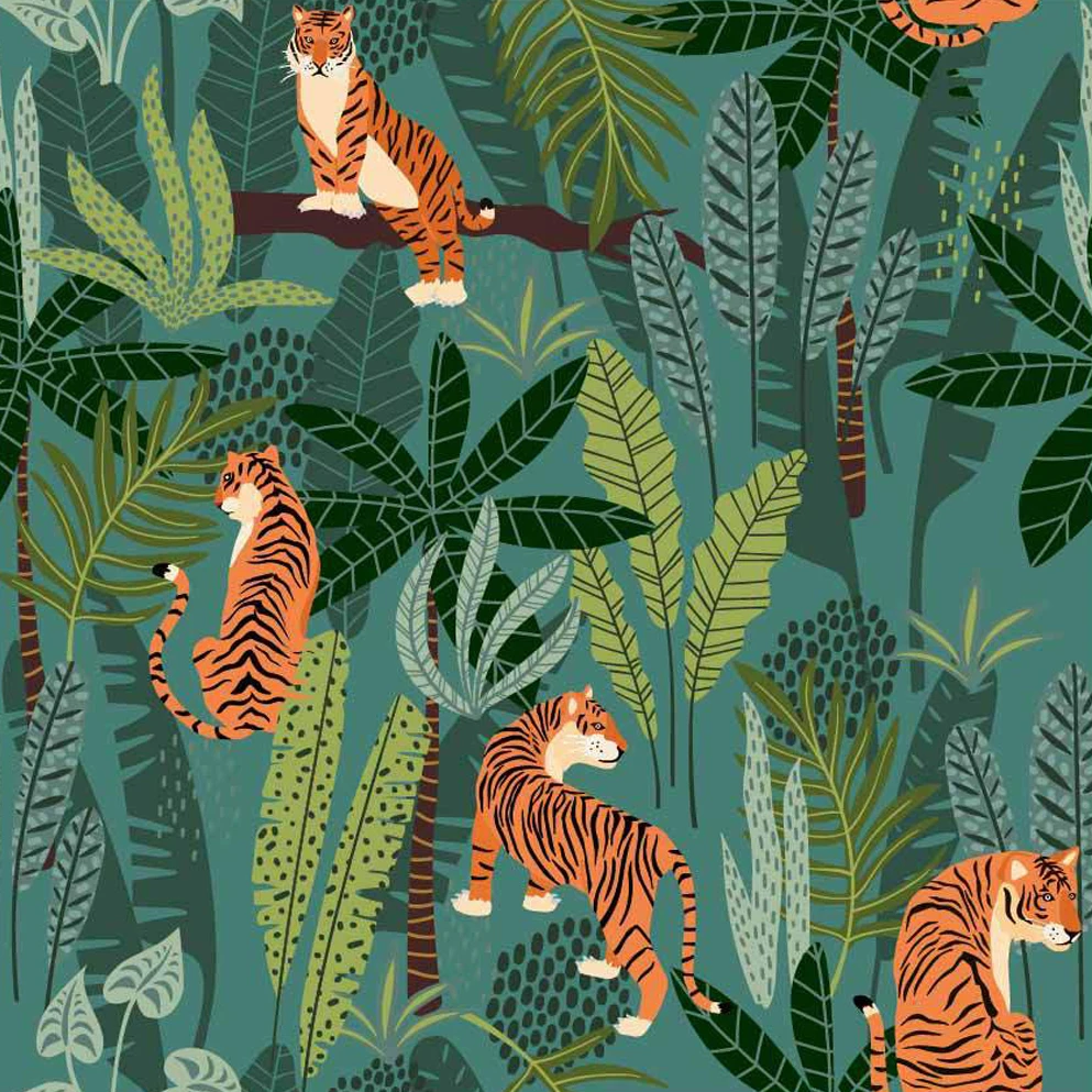 Modern Peel and Stick Wallpaper Tropical Palms Forest Jungle Animal Tiger Wallpaper Nursery Kindergarten Kid Room Wall Decor