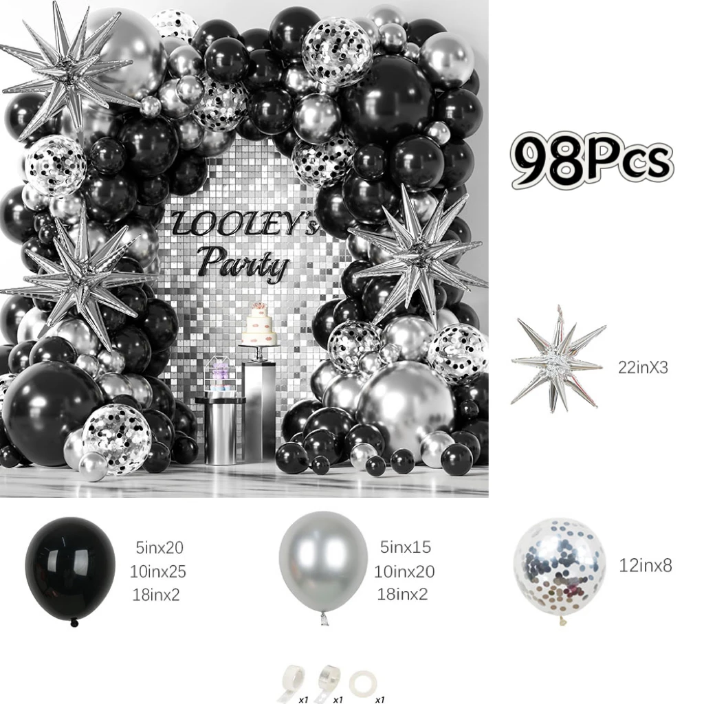 98Pcs Black and Silver Balloons Garland Arch Kit with Stars Silver Confetti Balloons for Graduation Birthday Party Decorations