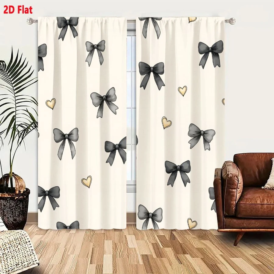2PCS Digital Print Curtains, Black Butterfly Yellow Heart, Bold Contrast Insect Love Decor Striking Color Pop Bedroom Drapes