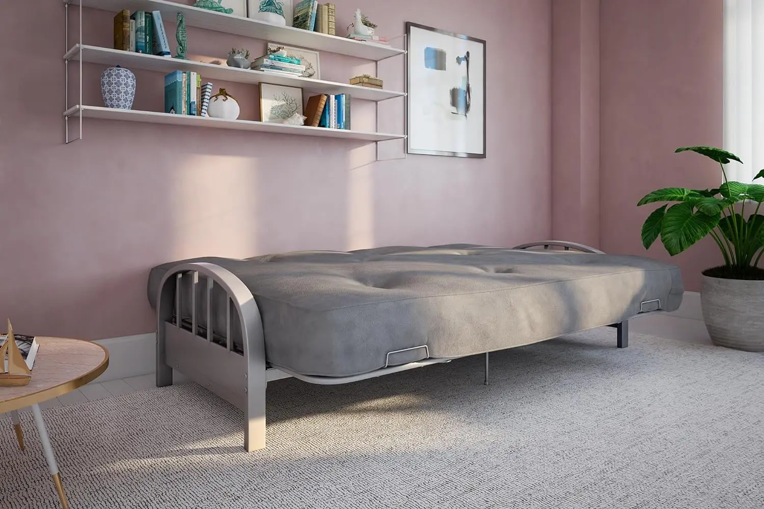 Silver Futon Metal Frame, converte-se facilmente em uma cama de tamanho completo