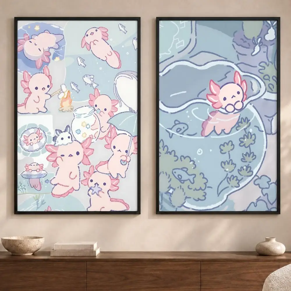 Cute Axolotl Illustration Poster Art  Self-Adhesive No Glue Residue Wall Sticker for Home Office Nursery