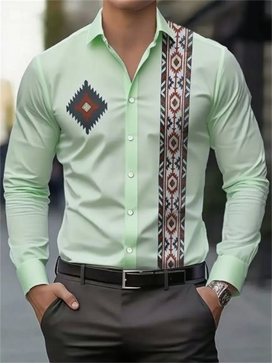 14 ألوان قميص رجالي موضة هندسية ثلاثية الأبعاد عالية الوضوح الطباعة طويلة الأكمام موضة قميص غير رسمي الأعمال التلبيب العلوي XS-6XL