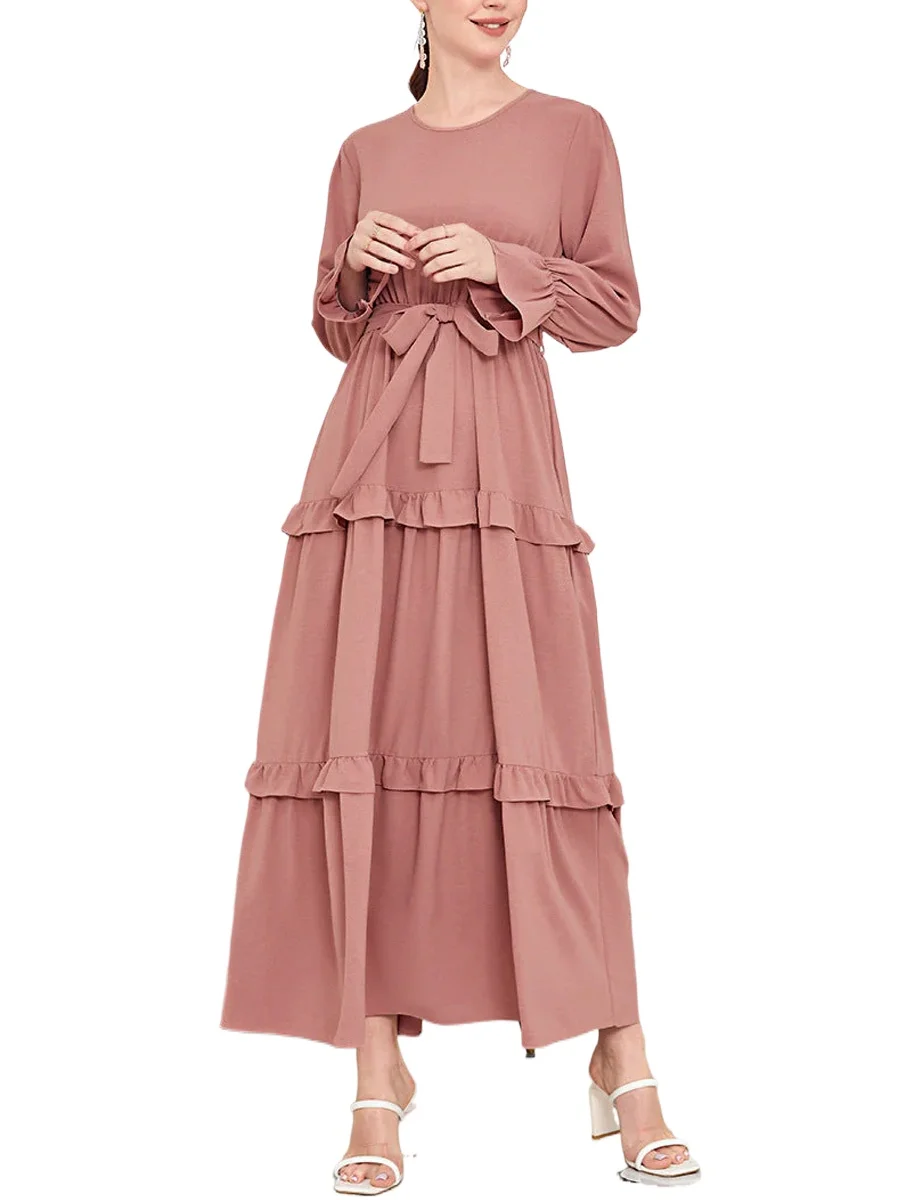 

Women's Vintage Style Wrap Plus Size Comfortable A-Line Dress Modest Solid Ruffled Dress with Belt - Elegant Flowy Midi Dress
