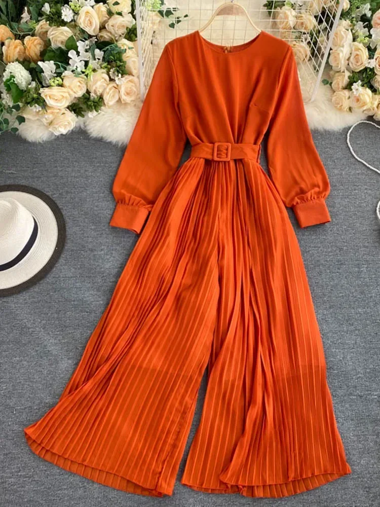 Women\'s Spring Autumn Jumpsuit New Solid Color Round Neck Long-sleeved Pleated Wide-leg Pants Lace Up Thin Jumpsuit LL061