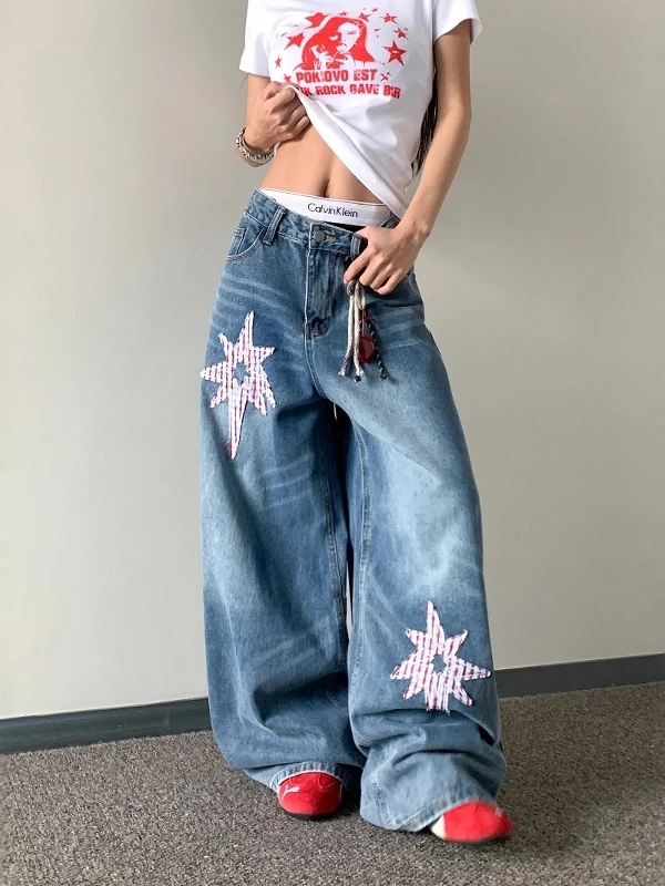 Jeans Americanos Retro com Bordado de Estrela, Calças Largas para Homens e Mulheres, Jeans Casuais Longos e Soltos, Moda Jove...