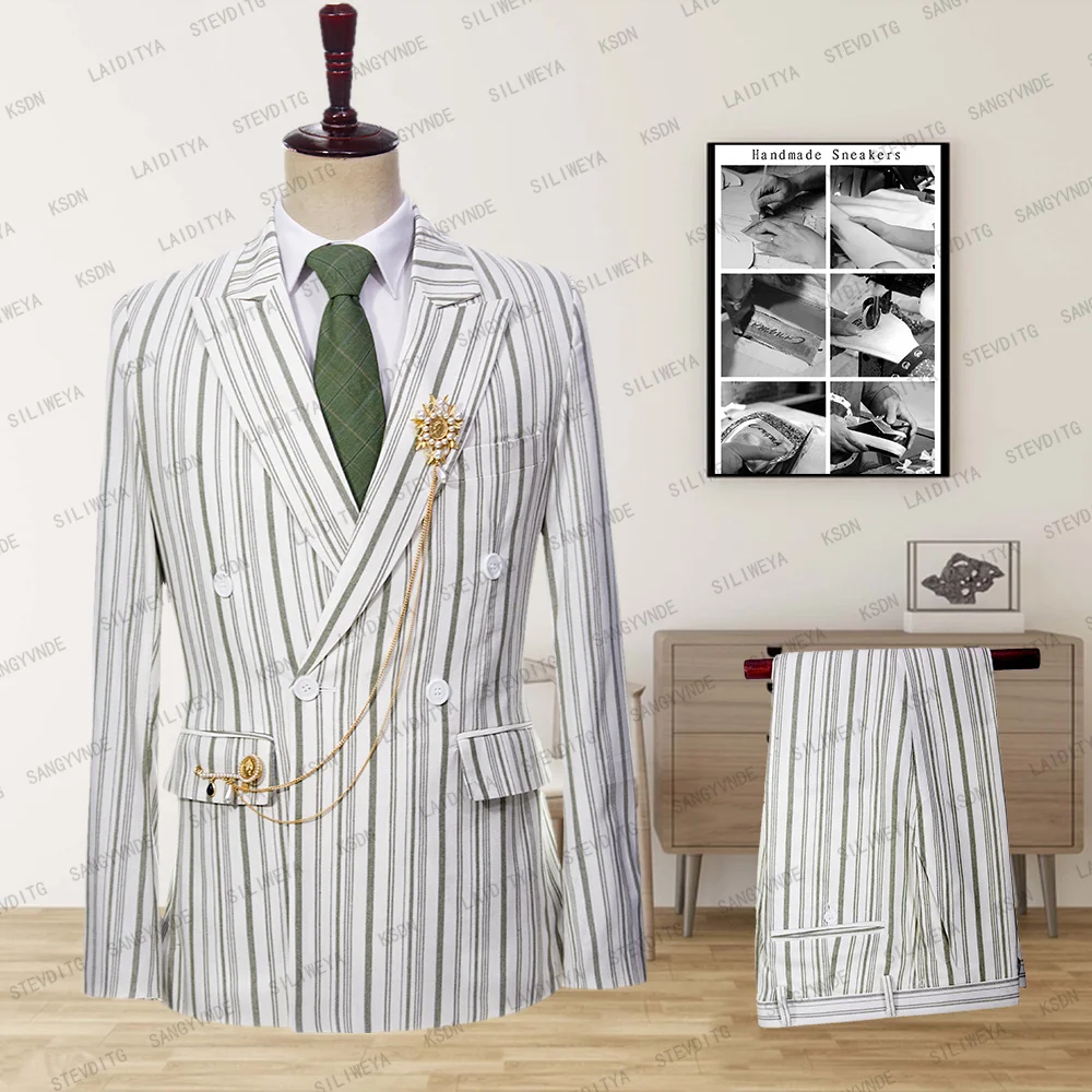 2023 Spring Green White Striped Linen Casual Slim Fit Men's Suit Jacket Pants  2-piece Set (Jacket+Pants）