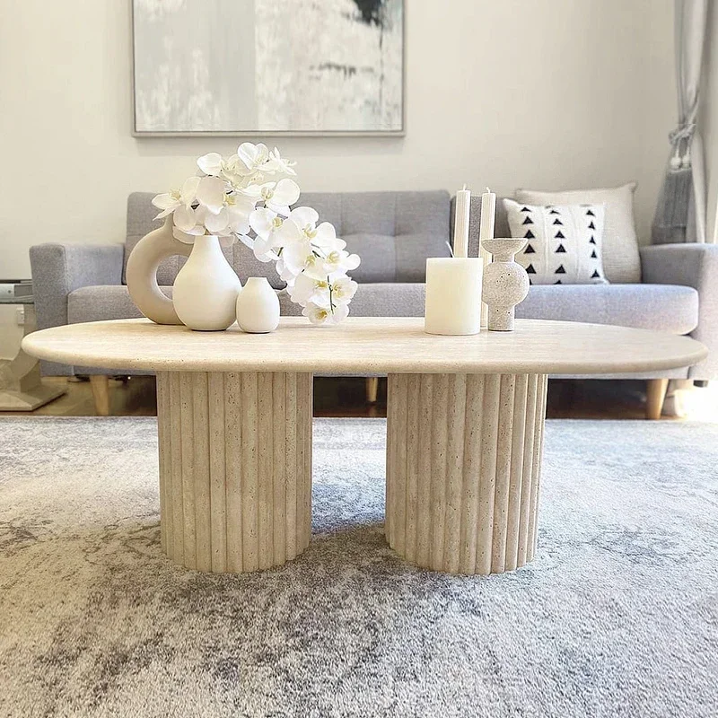 

smt1 Nordic natural marble coffee table model house B & B living room light luxury travertine coffee table