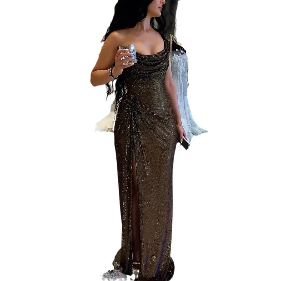 Vestido largo asimétrico ajustado con hombros descubiertos para mujer, vestido de cóctel calado sin mangas Sexy para fiesta y Club a la moda