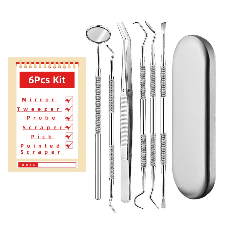 1Set Stainless Steel Dentist Clean Tools Dental Mirror Double Probe Sickle Hoe Tooth Cleaner Dental Tool Products Oral Care Kit