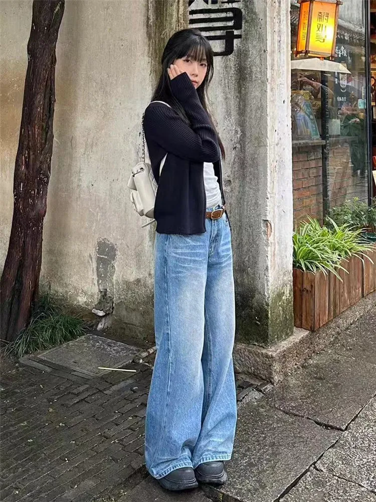 

Low Waist Wide Leg Jeans Women's Loose Fit Slimming Floor-Length Jeans Vintage Light Blue Spring Autumn High Waist Jeans