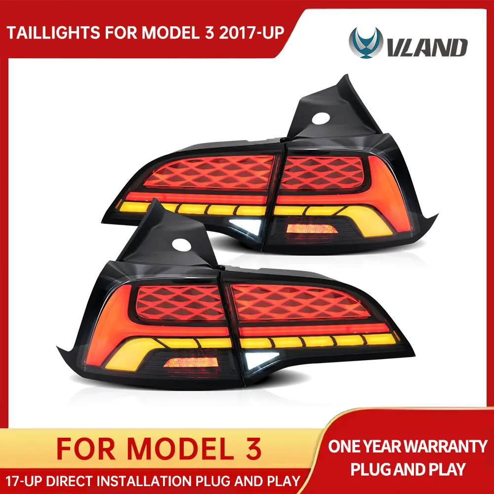 

VLAND Car Tail Lamp for Tesla Model 3 Model Y 2017-2022 LED Taillights Assembly Sequential Dynamic Turn Signal Dual Reverse Lamp