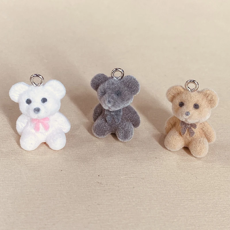 6pcs Cute Flocked Bear Resin Charms Lots Miniature Animal Pendants For Earring Necklace Keychians Diy Jewelry Making
