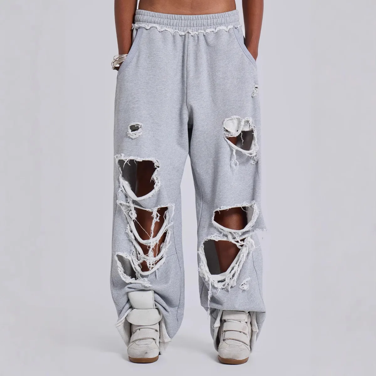2025 American European New Fashion Women's Hip-hop Casual Trendy Loose Hole Patched Wide Leg Grey Trousers Female Clothes Pants